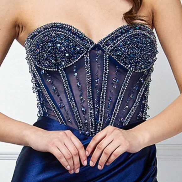 New Prom Strapless Sheath Rhinestones Embellished Sheer Dress w/ Leg Slit 4049